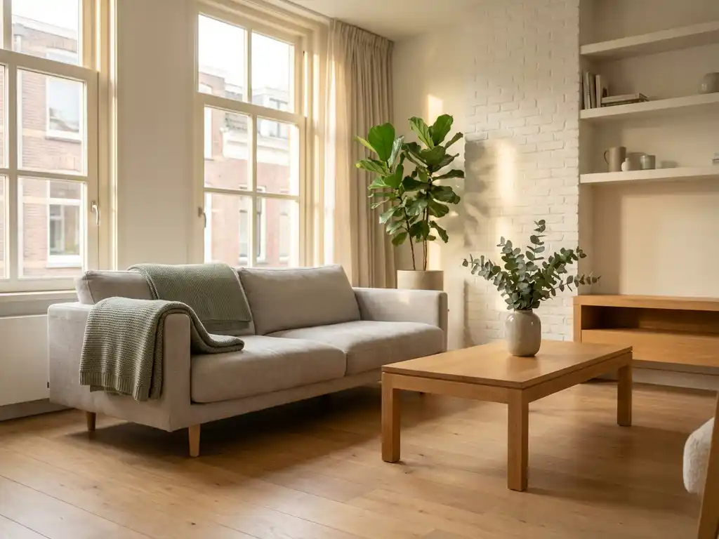 Lichte woonkamer in Nederlands rijtjeshuis met eiken meubels, saliegroen planten en groot raam met middagzon.