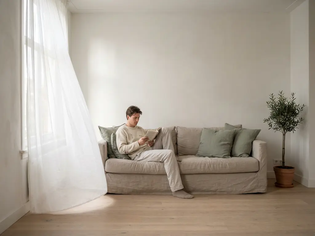 Persoon ontspant op een linnen bank in een zonnige Nederlandse woonkamer met lichte eikenhouten vloer en wazige gordijnen.