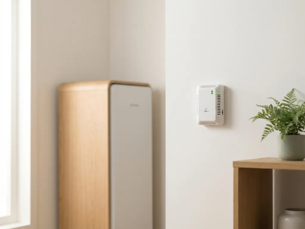 Witte propaangasdetector gemonteerd op muurwand in moderne Nederlandse technische ruimte met warmtepomp op de achtergrond.