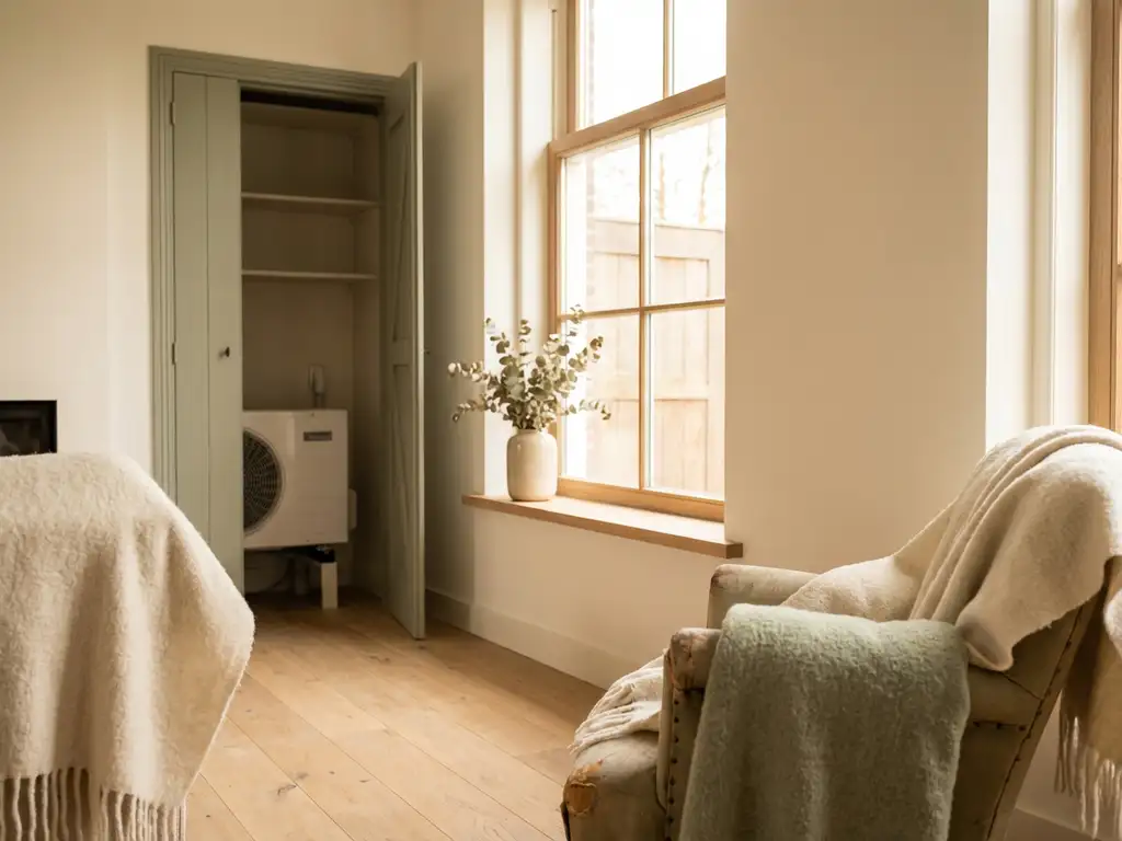 Dunne ramen in lichte Nederlandse tussenwoning met warmtepomp in bijkeukenkast, eiken vloer en saliegroen interieur.