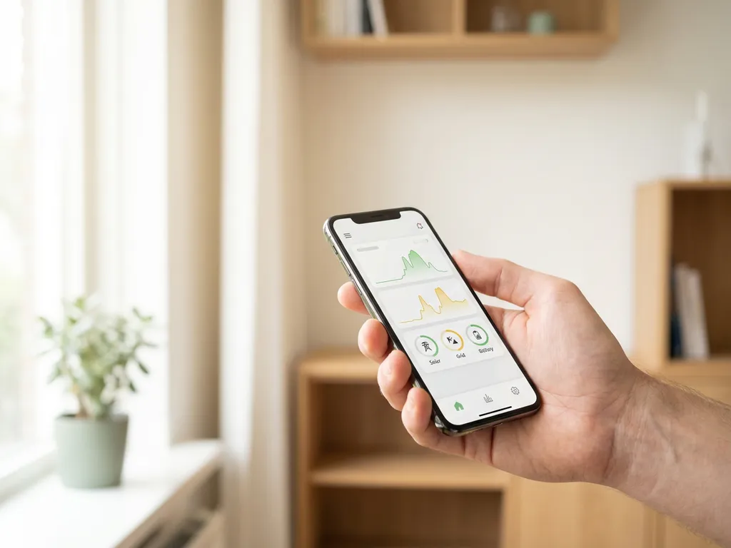 Hand met smartphone met thuisenergie-dashboard in minimalistische Nederlandse woonkamer met lichte eikenhouten accenten en saliegroen plantendetail.