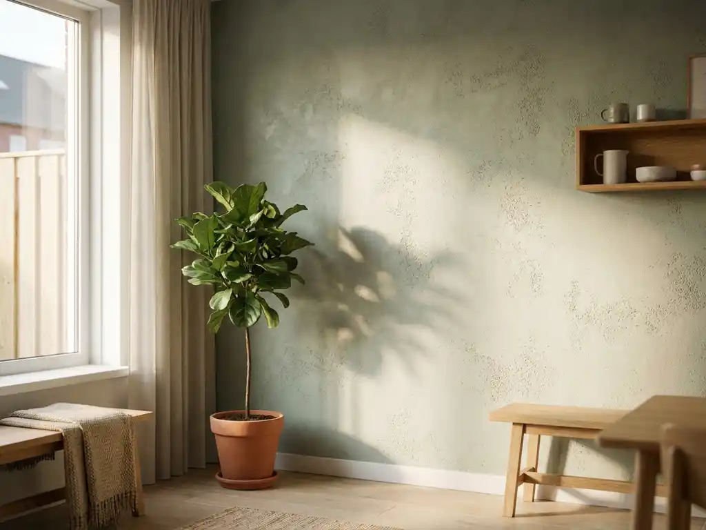 Lichte hal van een Nederlandse rijtjeswoning met spouwmuurisolatie, kamerplant in de hoek en warm middaglicht op eikenhouten vloer.