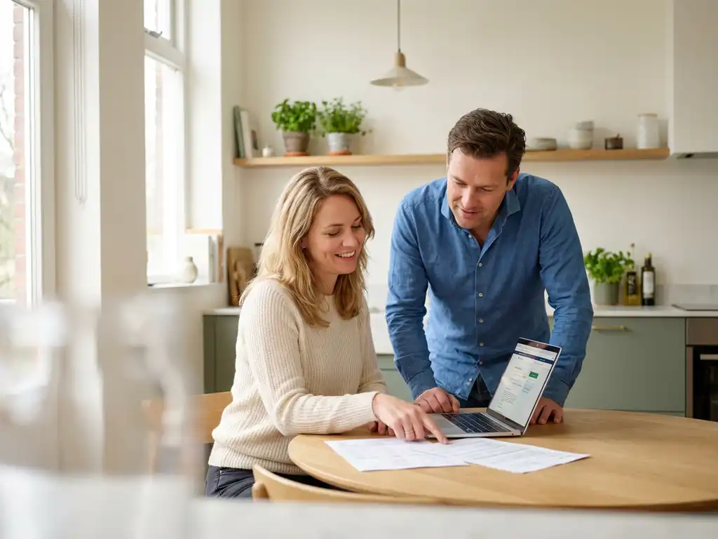 Nederlands stel van begin veertig bestudeert subsidiedocumenten aan eiken keukentafel met laptop, lichte Scandinavische keuken op de achtergrond.