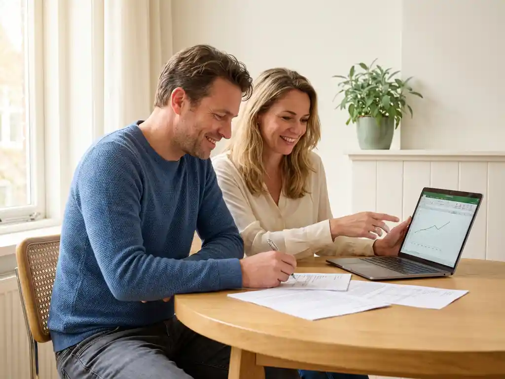 Nederlands stel van begin veertig bekijkt subsidiedocumenten aan een eiken keukentafel met laptop en spreadsheet.
