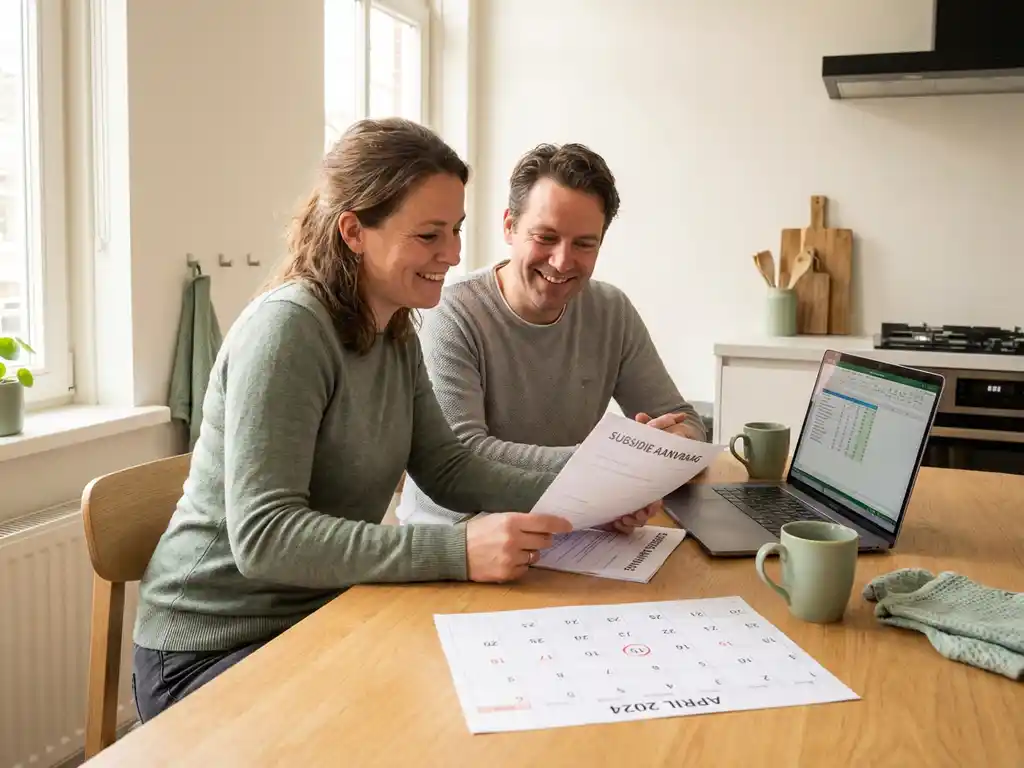 Nederlands stel van middelbare leeftijd bestudeert subsidiedocumenten aan eiken keukentafel met laptop en kalender, ontspannen sfeer.