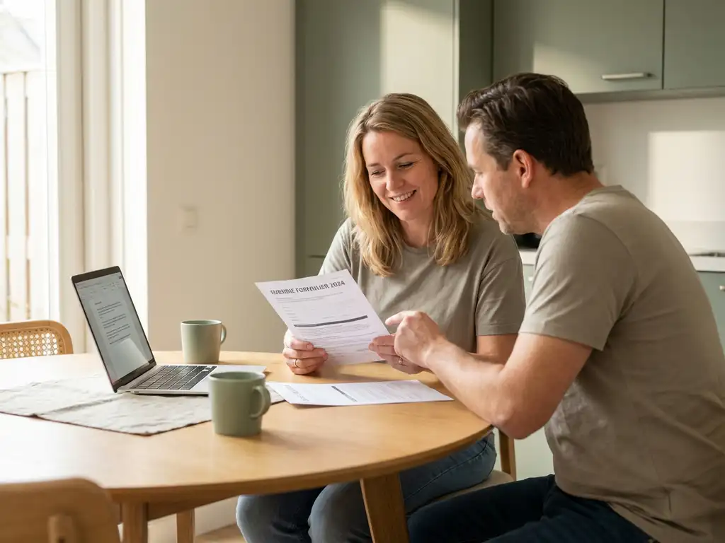 Nederlandstalig echtpaar van begin veertig bekijkt subsidieformulier en laptop aan eiken keukentafel in lichte, moderne woning.