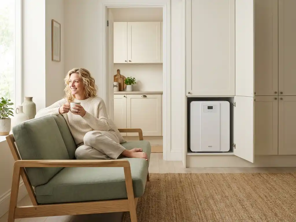 Tevreden Nederlandse huiseigenaar ontspant op een lichte eikenhouten bank, met een compacte EGO warmtepomp zichtbaar in een nette bijkeuken op de achtergrond.