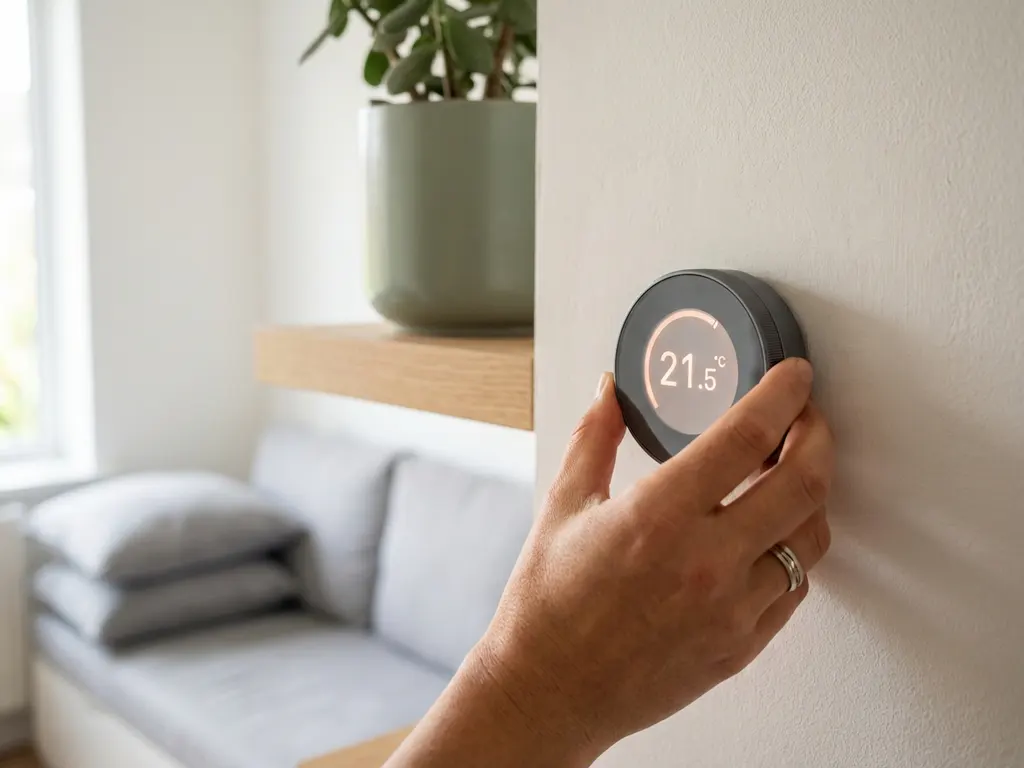 Hand die een digitale thermostaat instelt op een witte muur in een moderne Nederlandse woonkamer met lichte eiken accenten.