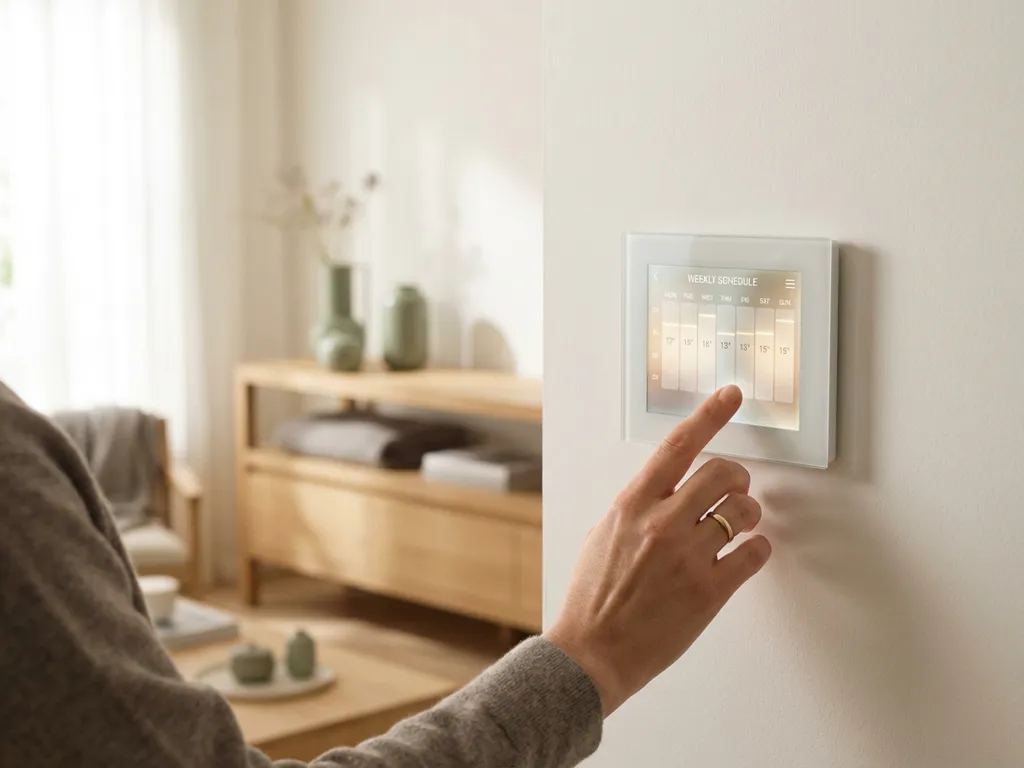Hand die een moderne slimme thermostaat bedient met weekschema, in een minimalistisch Nederlands interieur met lichte eikenhouten accenten.