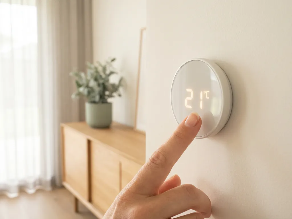 Hand die een digitale thermostaat bijstelt op een witte muur, moderne woonkamer met lichte eiken meubels op de achtergrond.