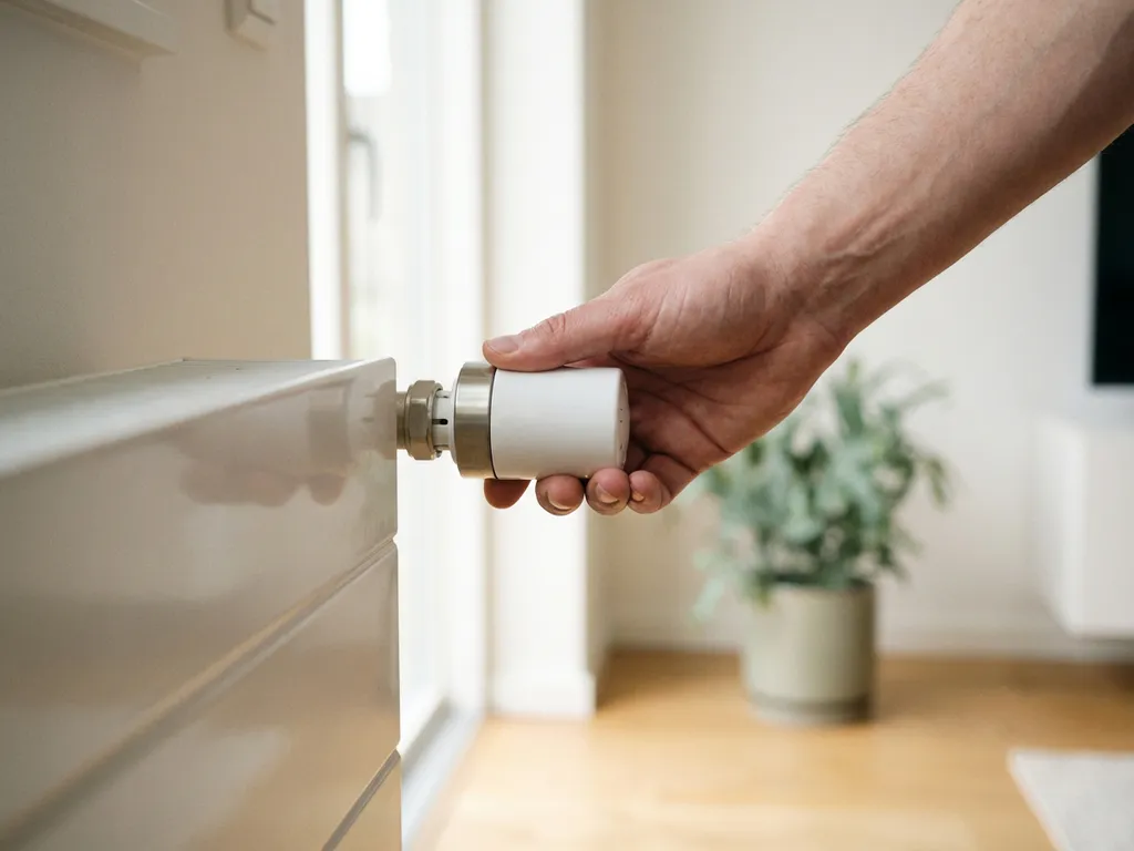 Hand die een witte thermostatische radiatorkraan instelt op een moderne paneelradiator in een minimalistisch Nederlands interieur.