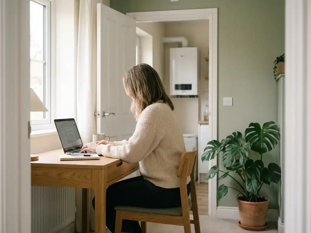 Persoon in gebreide trui werkt thuis aan licht eikenhouten bureau, witte warmtepomp zichtbaar in bijkeuken op achtergrond.