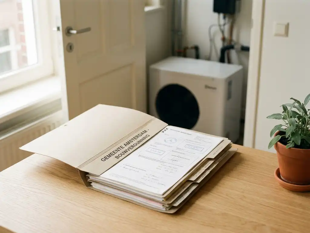 Openliggende Nederlandse gemeentelijke vergunningsmap op een lichthouten bureau, met een witte warmtepomp zichtbaar door een halfopen deur op de achtergrond.