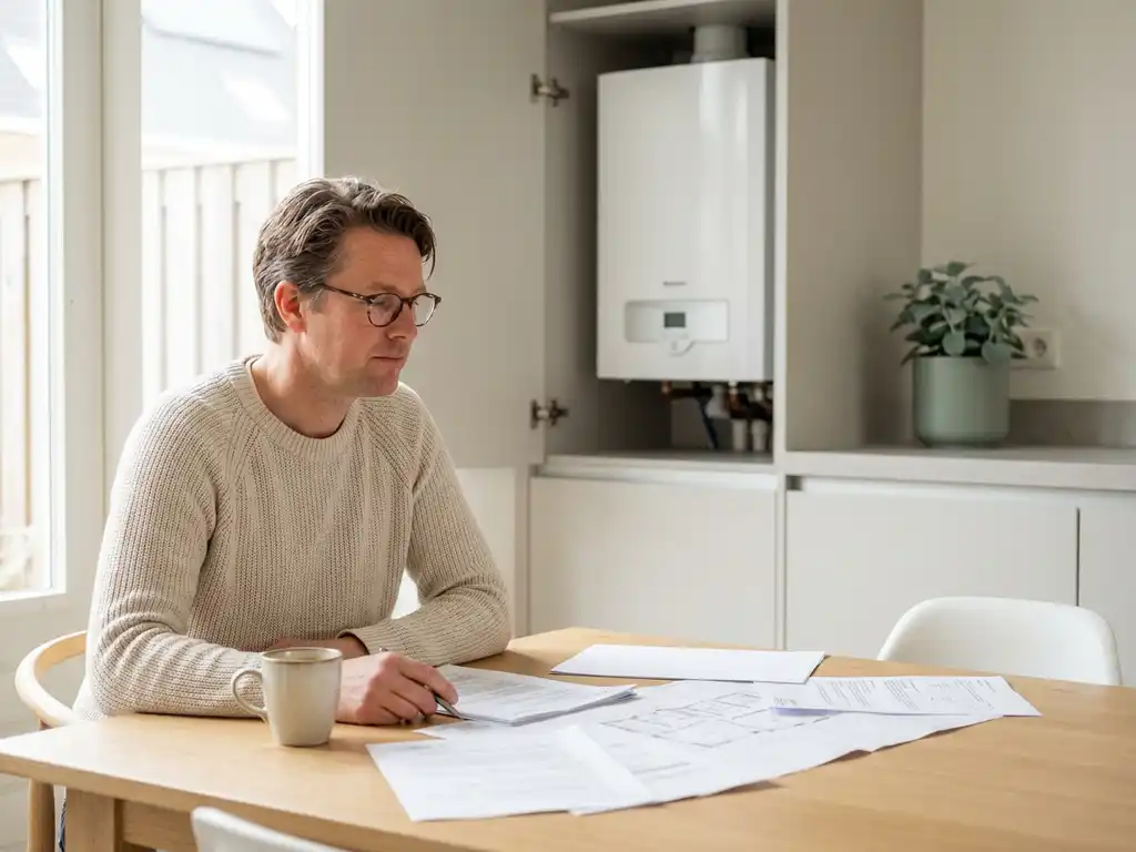 Huiseigenaar bekijkt vergunningsdocumenten aan eiken tafel, compacte warmtepomp zichtbaar in open meterkast op de achtergrond.