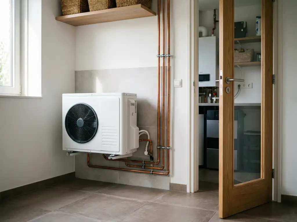 Witte binnenunit van een warmtepomp in een moderne Nederlandse meterkast met koperen leidingen langs de muur.