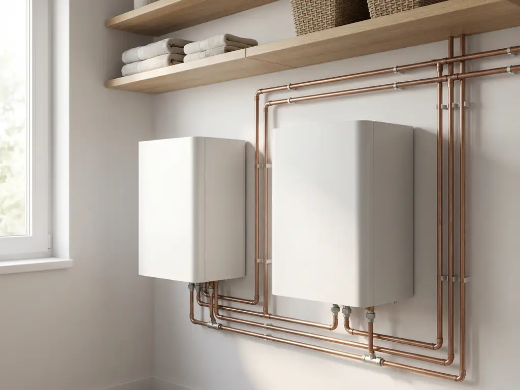 Twee witte binnenunits van een warmtepomp in cascade-opstelling in een moderne Nederlandse technische ruimte met koperen leidingen.