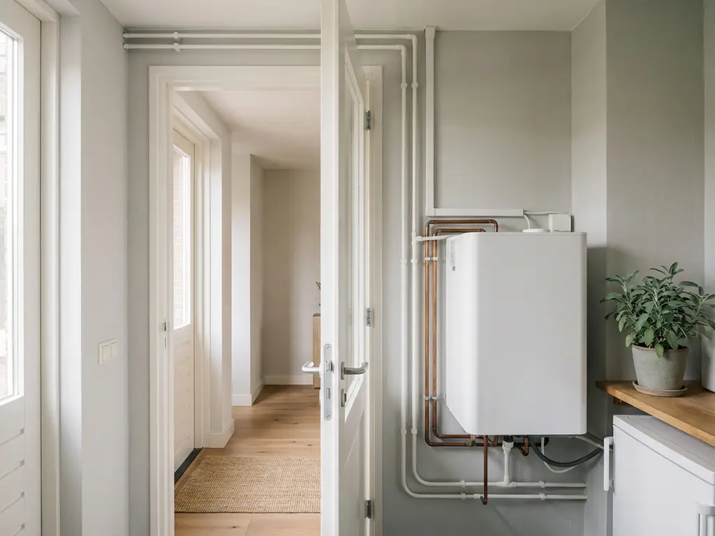 Compacte witte warmtepomp in Nederlandse technische ruimte met koperen leidingen langs lichtgrijze muren en een kijkje op een hal met eiken vloer.