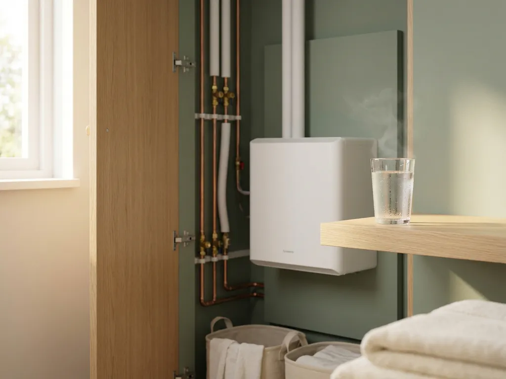 Witte warmtepomp in moderne Nederlandse meterkast met koperen leidingen en condensatie op een glas water op een lichte eikenhouten plank.