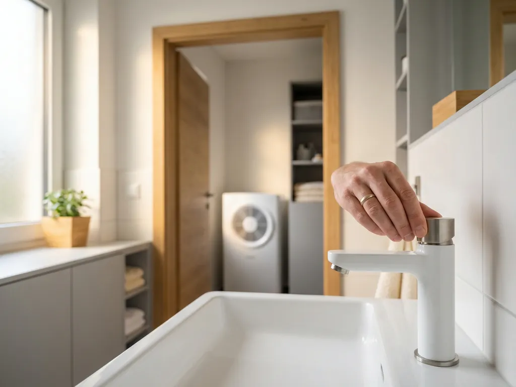Hand die een thermostatische kraan instelt bij een witte badkamerwasbaak, met een warmtepomp zichtbaar op de achtergrond.