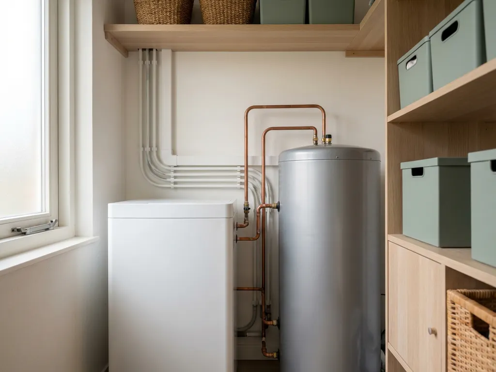 Compacte witte warmtepomp met cilindrische buffervat in moderne Nederlandse technische ruimte, verbonden via koperen leidingen.
