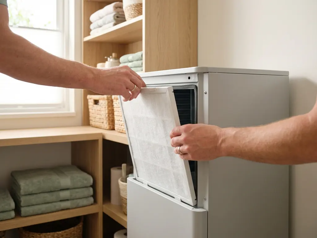 Handen die een wit filterpaneel verwijderen uit een compacte warmtepomp in een nette Nederlandse bijkeuken met lichte eikenhouten planken.