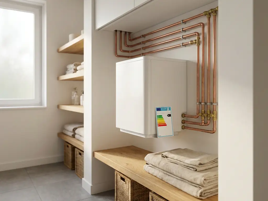 Compacte witte warmtepomp in moderne Nederlandse meterkast met koperen leidingen, energie-efficiëntieklasse kaart en eiken planken.