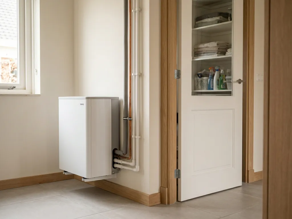 Compacte witte warmtepomp in een nette Nederlandse meterkast met koperen leidingen en witte kabelgoten.