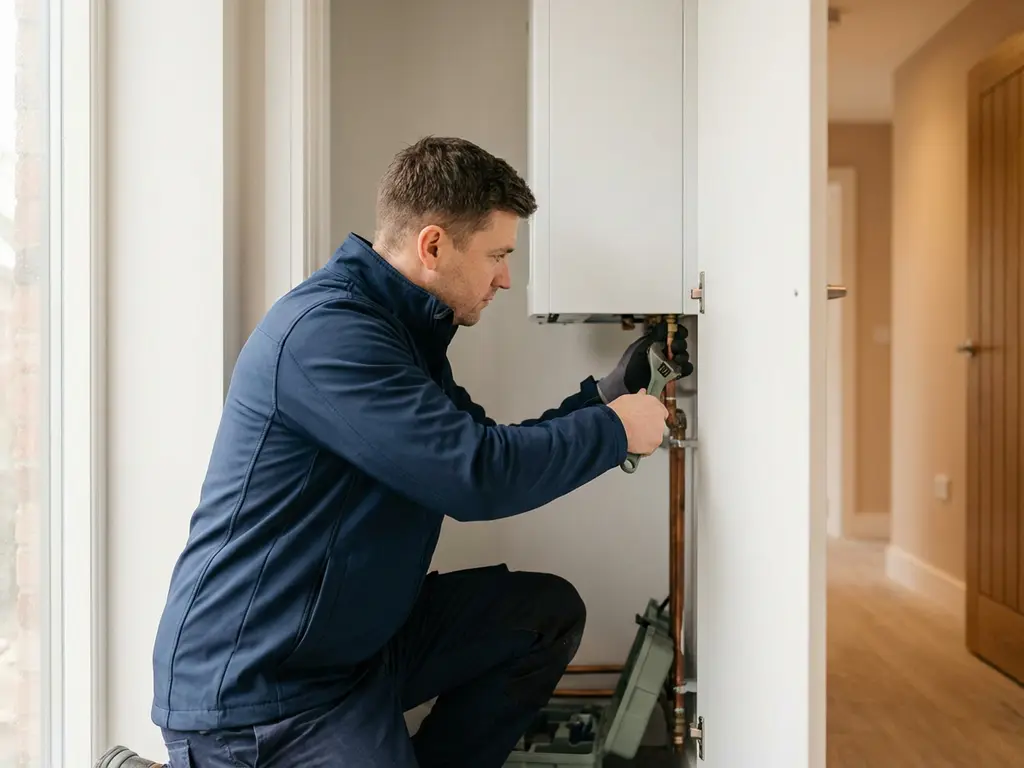 Technicus installeert compacte witte warmtepomp in moderne Nederlandse meterkast, koperbuizen aansluitend in nette opstelling.