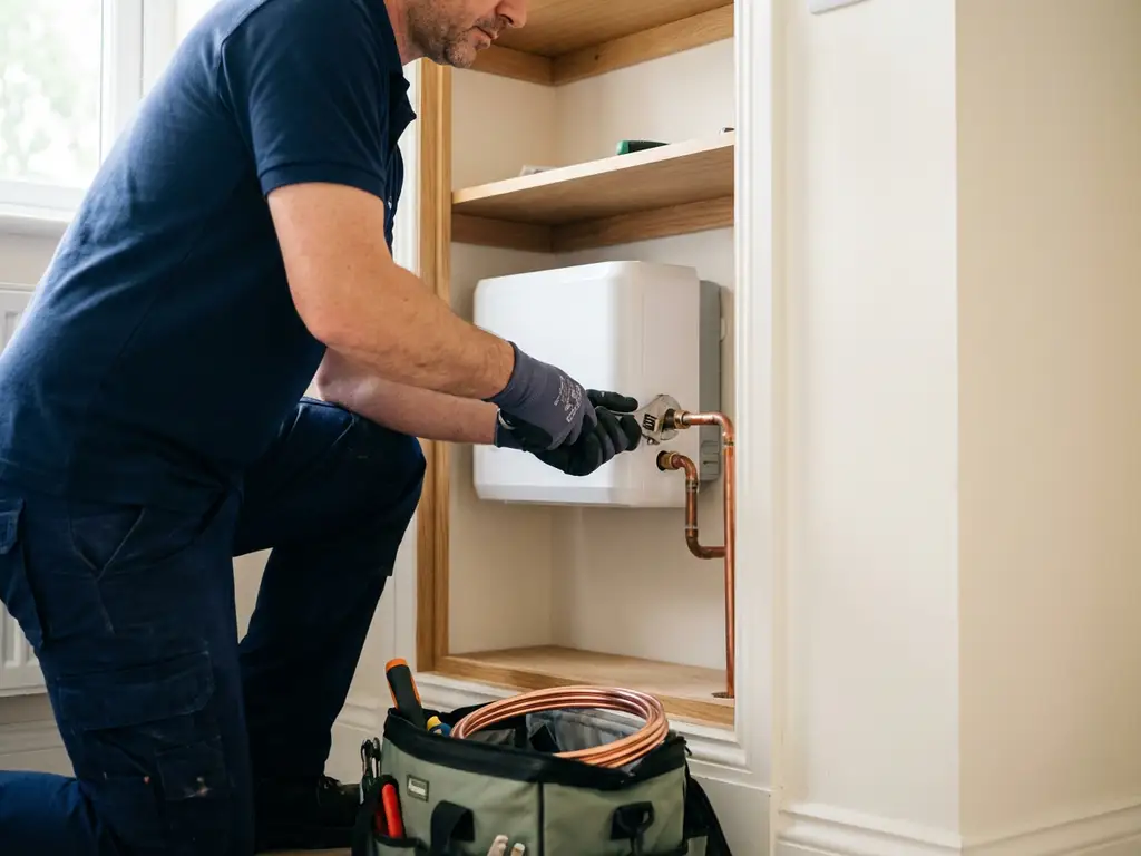 Technicus installeert compacte witte warmtepomp in moderne Nederlandse meterkast, handen verbinden koperen leidingen.
