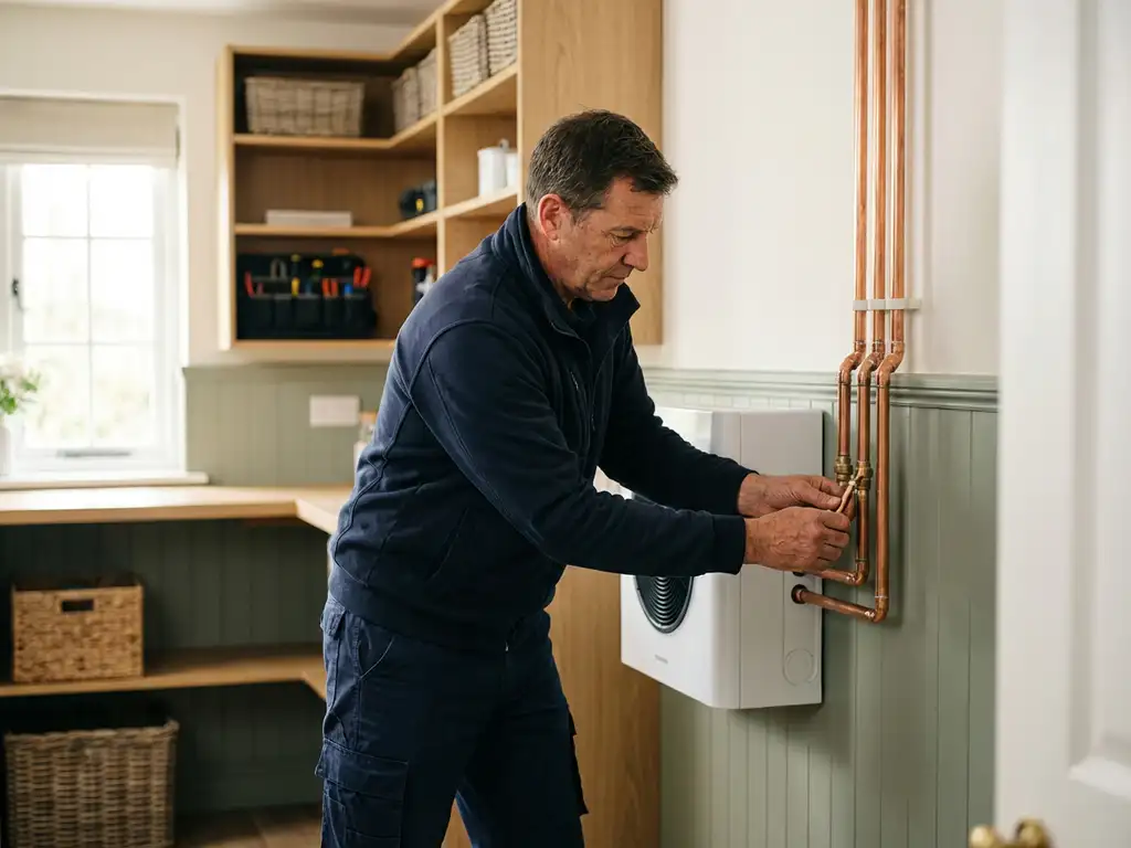 Technicus installeert compacte witte warmtepomp in moderne Nederlandse meterkast, handen verbinden koperen leidingen.