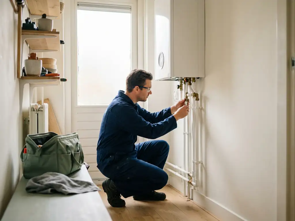 Technicus inspecteert koperen leidingverbindingen bij een moderne warmtepomp in een Nederlandse stookruimte.