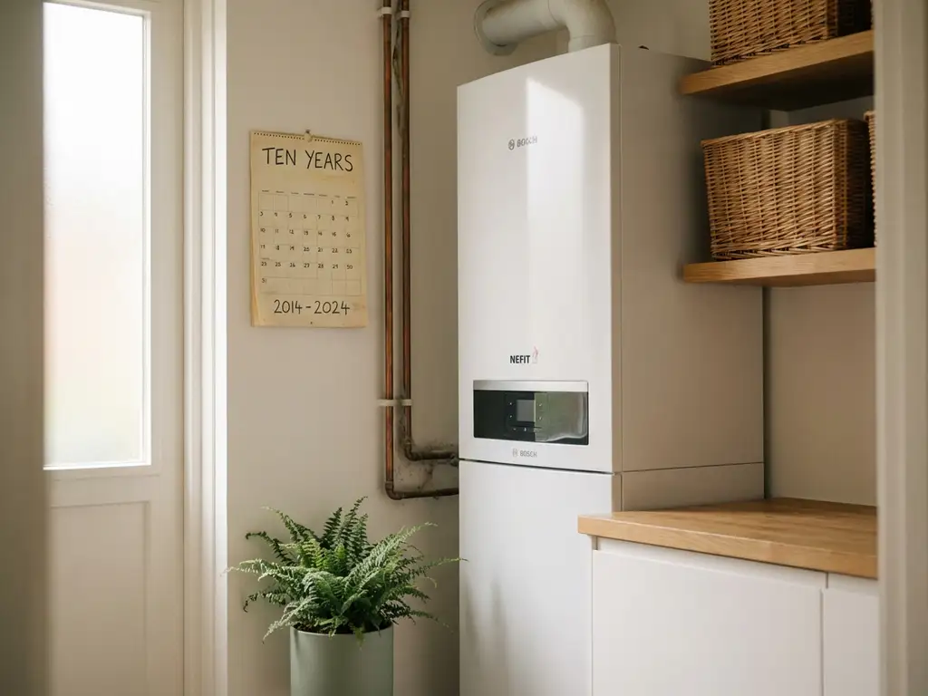 Witte warmtepomp in Nederlandse technische ruimte naast kalender die tien jaar aangeeft, koperbuizen met licht stof, eiken plank op achtergrond.