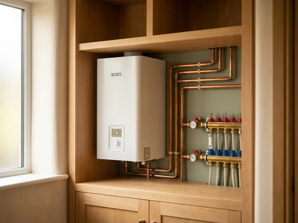 Compacte witte EGO warmtepomp in een moderne Nederlandse meterkast, met koperen leidingen en vloerverwarming verdeler zichtbaar.