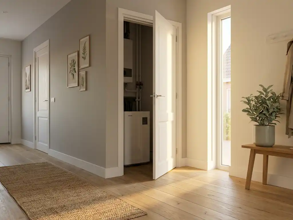 Meterkaast met warmtepomp in hal van Nederlandse hoekwoning, eiken vloer en Scandinavisch interieur op de achtergrond.