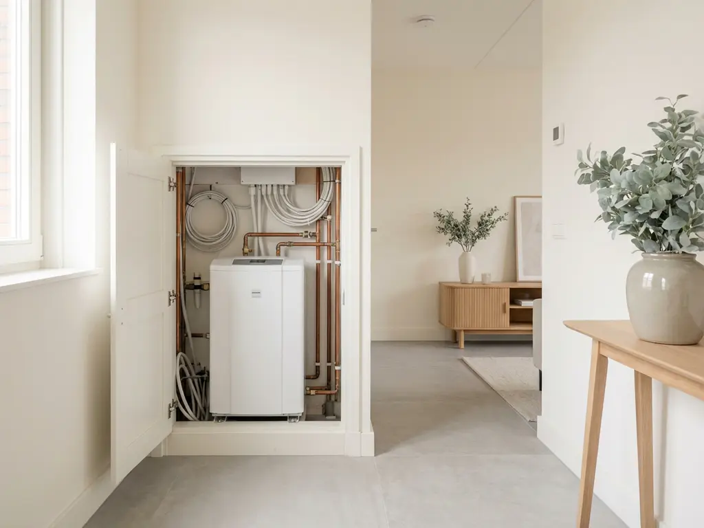 Compacte witte warmtepomp in open meterkast van Nederlandse hal, met koperen leidingen en strakke kabelgeleiding.