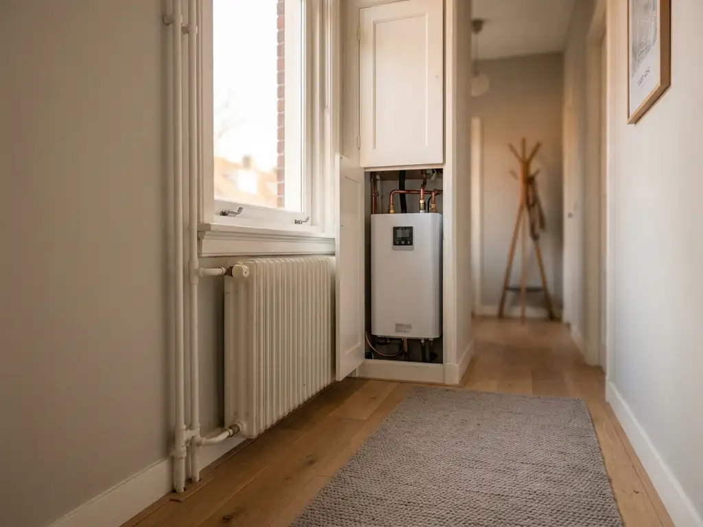 Compacte warmtepomp in meterkast van Nederlandse woning, met radiatoren en witte leidingen langs lichte muur in zonnige gang.