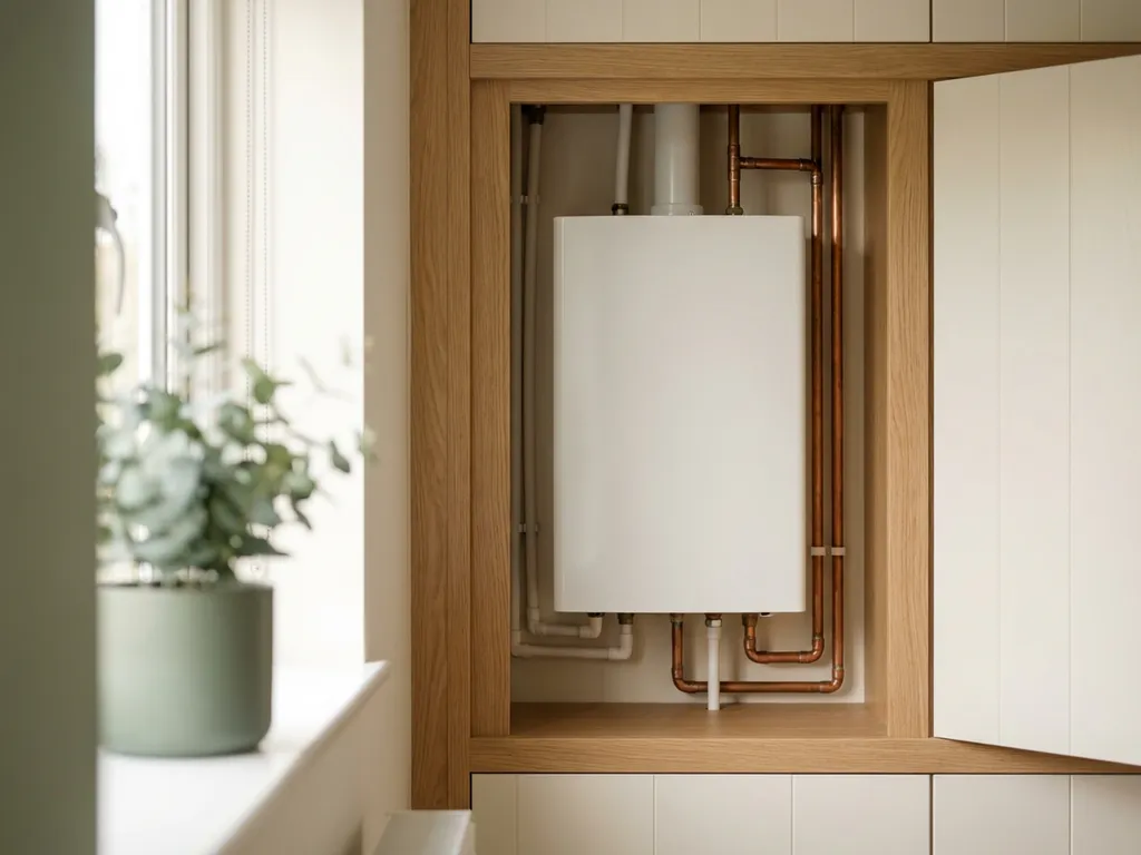 Compacte witte warmtepomp in een moderne Nederlandse meterkast met koperen leidingen en lichte eikenhouten deuromlijsting.