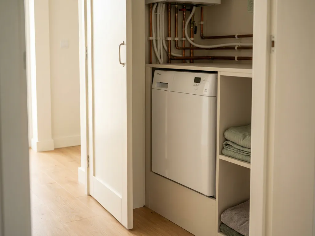 Compacte witte warmtepomp in een nette Nederlandse meterkast met koperen leidingen en kabelgoten, lichte eiken vloer op de achtergrond.