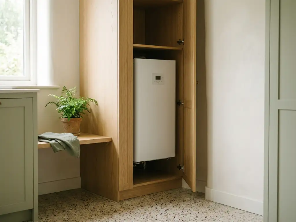 Witte compacte warmtepomp in moderne Nederlandse meterkast met eiken planken, terrazzvloer en klein potplantje op plank.
