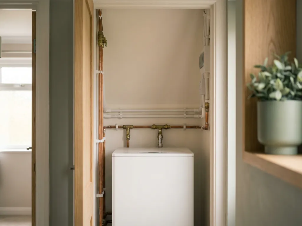 Compacte witte warmtepomp in meterkast van jaren 70 rijtjeshuis, met koperen leidingen en nette kabelgeleiding.