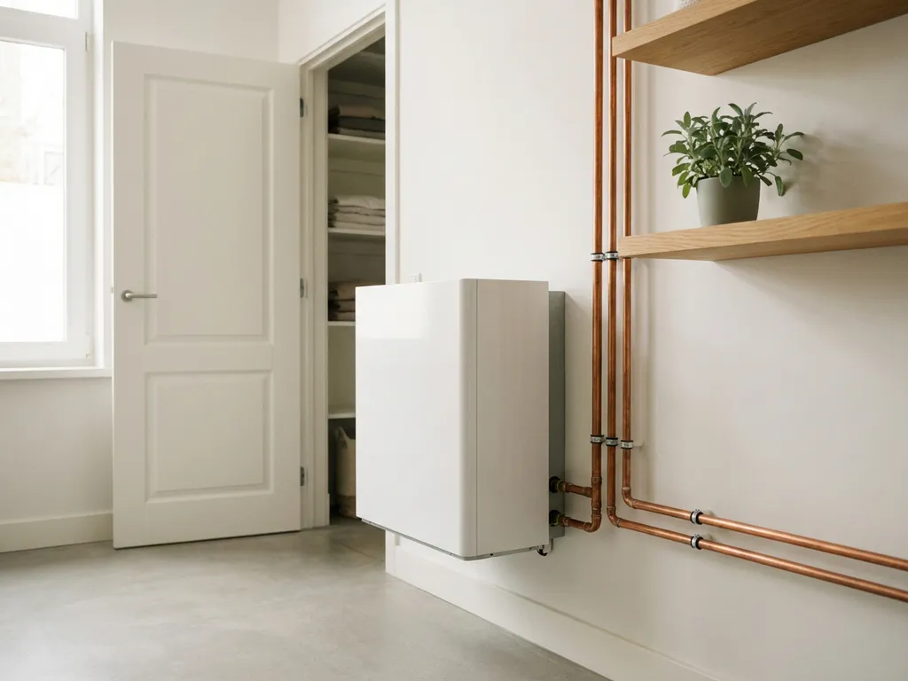 Compacte witte warmtepomp in een moderne Nederlandse technische ruimte met koperen leidingen langs de muur.