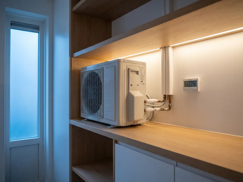 Witte warmtepomp in moderne Nederlandse bijkeuken met berijpte koperen leidingen en digitale thermometer op de muur.