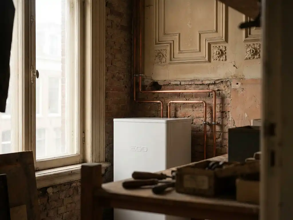 Witte EGO warmtepomp in meterkast van monumentaal Nederlands pand, met sierlijk stucwerk en bakstenen muur op de achtergrond.
