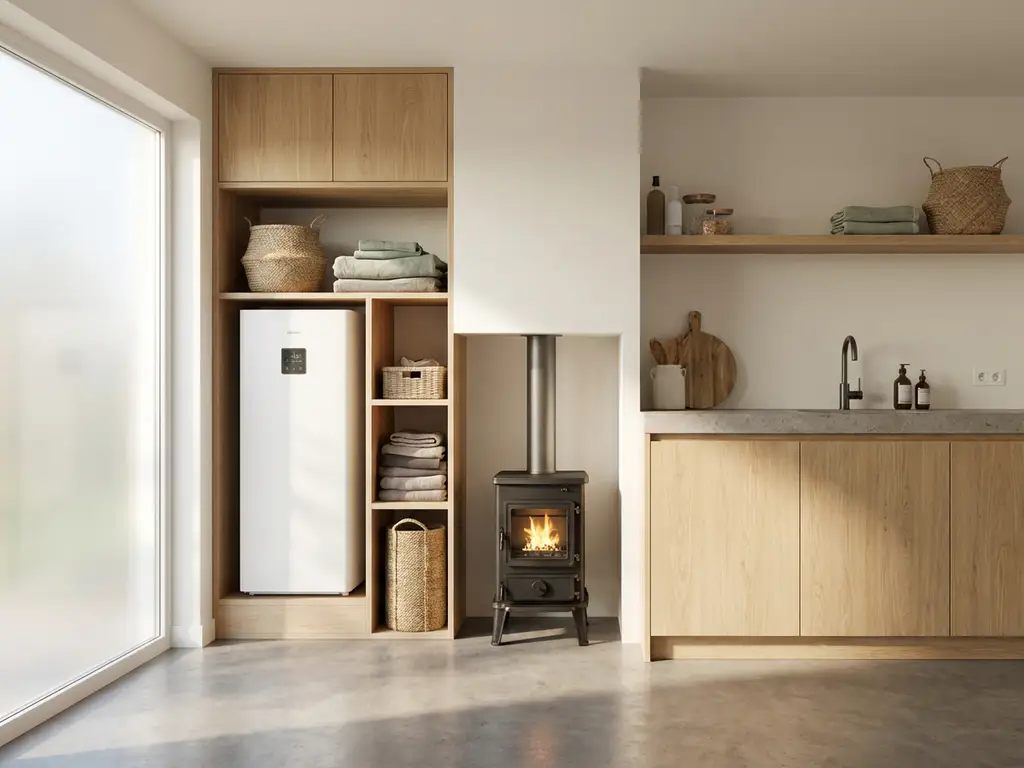 Witte warmtepomp in moderne technische kast naast een houtkacheloven op betonvloer, minimalistische Nederlandse woonstijl.