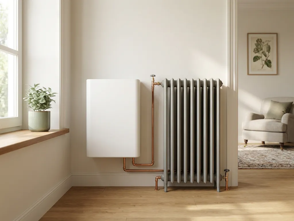 Witte warmtepomp verbonden met stalen radiator via koperen leidingen in een lichte Nederlandse woonkamer met eiken vloer.