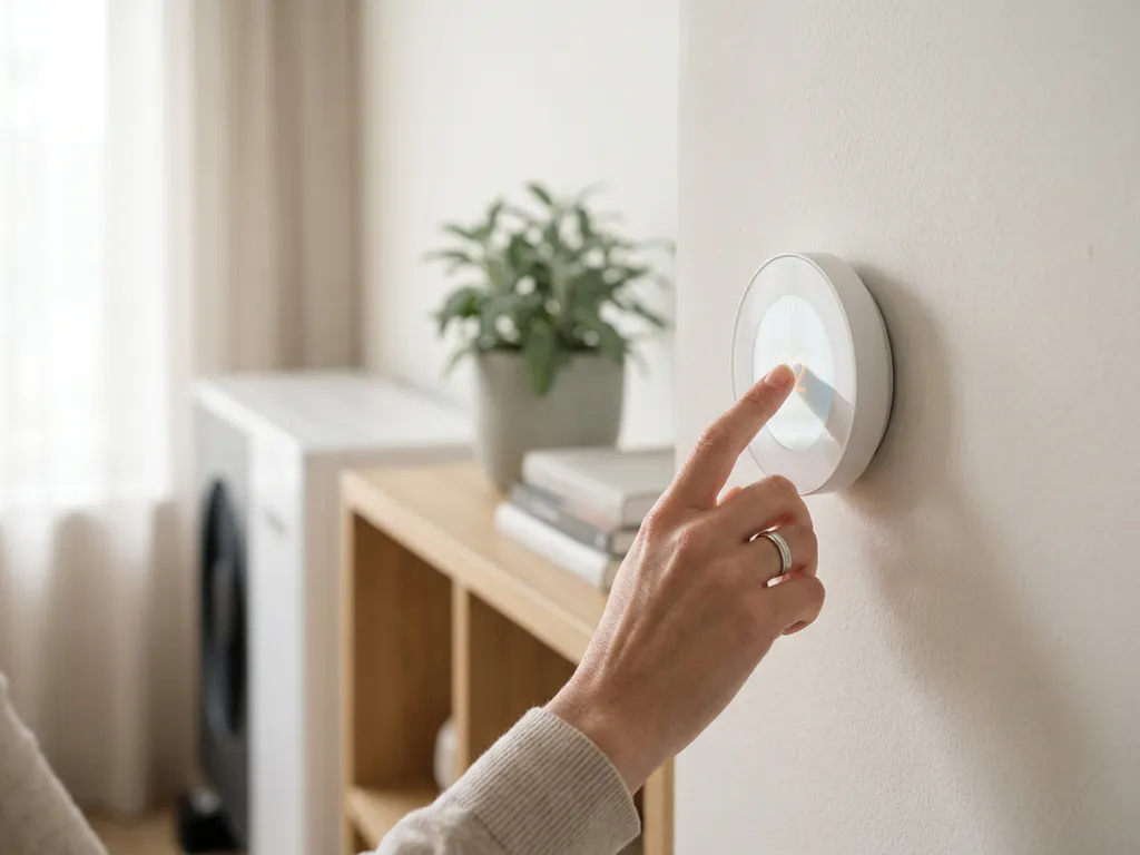 Hand die een witte slimme thermostaat instelt op een muur, met een warmtepomp en lichte eiken accenten op de achtergrond.