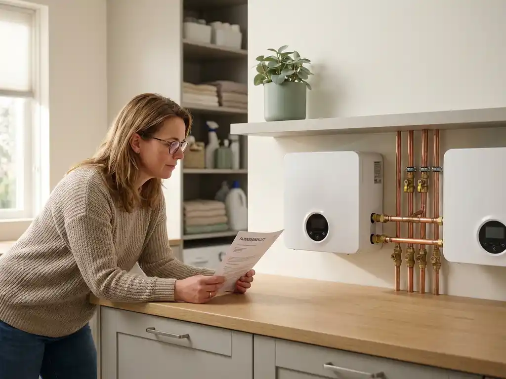 Twee witte warmtepompen naast elkaar in een moderne technische ruimte, terwijl een huiseigenaar subsidiedocumenten bekijkt.