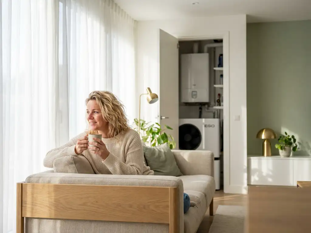 Nederlander ontspant op linnen bank in lichte woonkamer, EGO warmtepomp zichtbaar in open technische kast op de achtergrond.