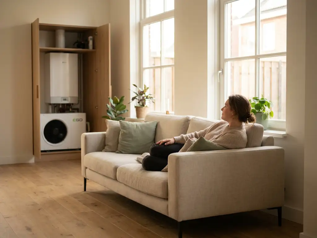 Bewoner van een Hollandse rijtjeswoning ontspant op een linnen bank, met een compacte EGO warmtepomp zichtbaar in een open bijkeukenkast.