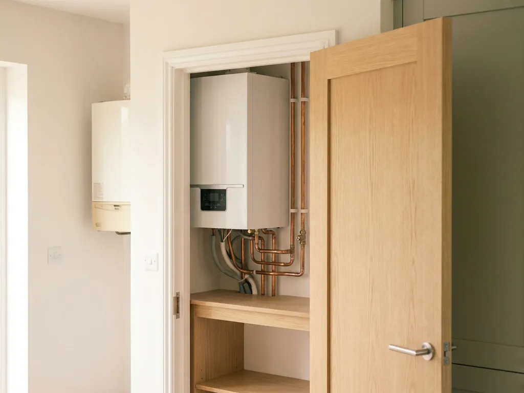 Compacte witte warmtepomp in moderne installatiekast met koperen leidingen, naast een traditionele cv-ketel aan de muur.